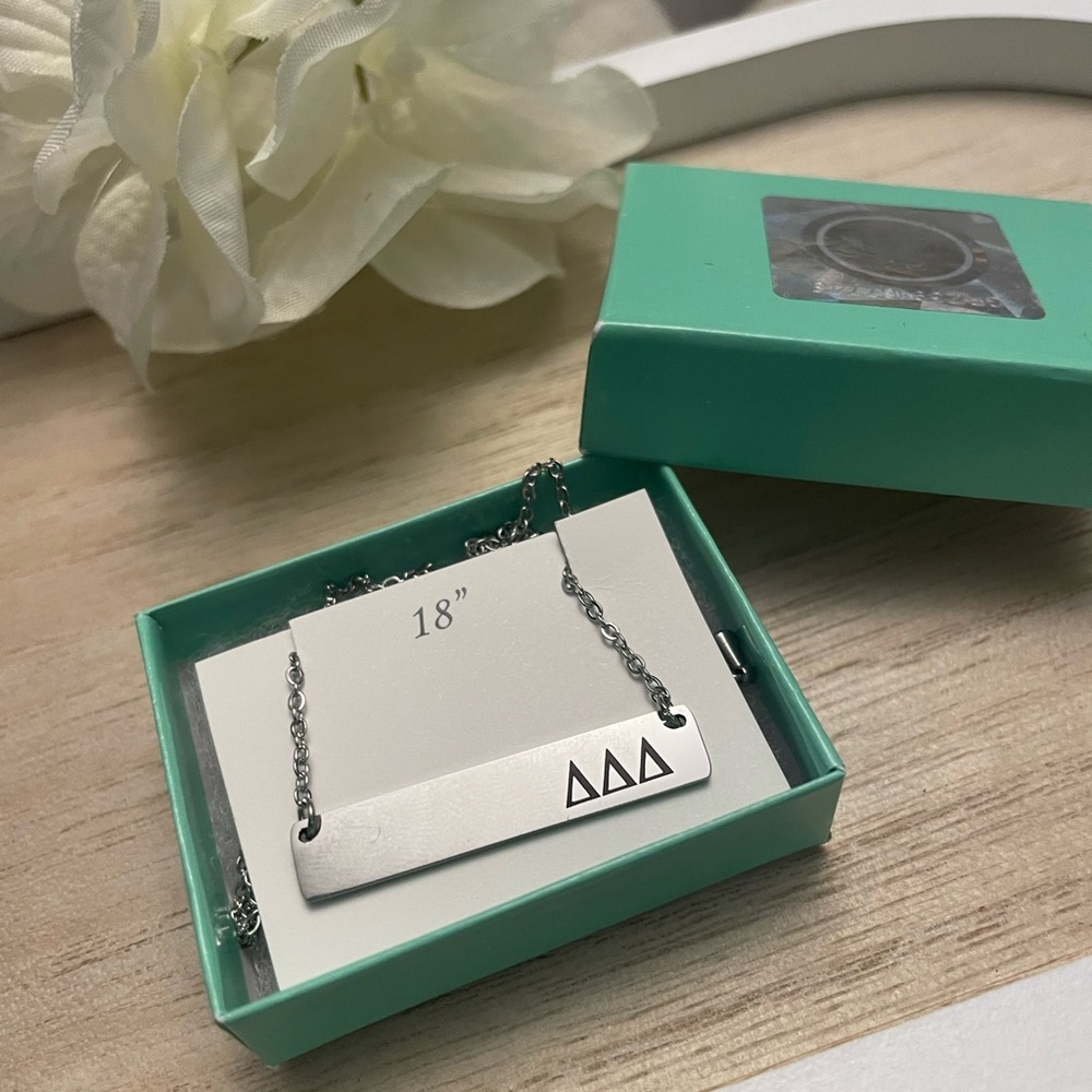 NWT Tri Delta Bar Necklace Silver plated letters 18” chain in box - Picture 7 of 7